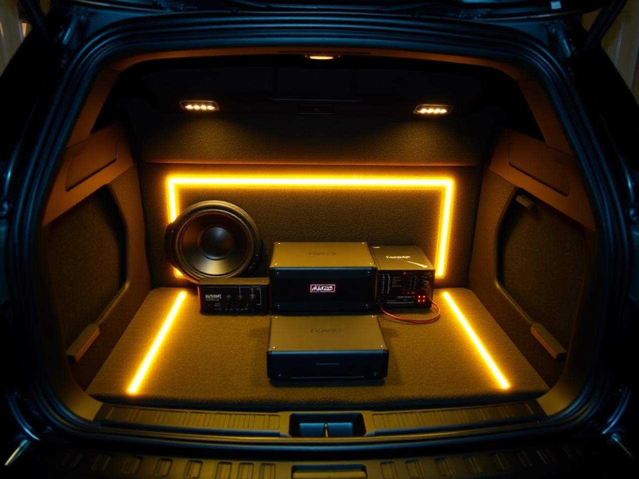 Custom subwoofer and amplifier rack installed in an SUV cargo area