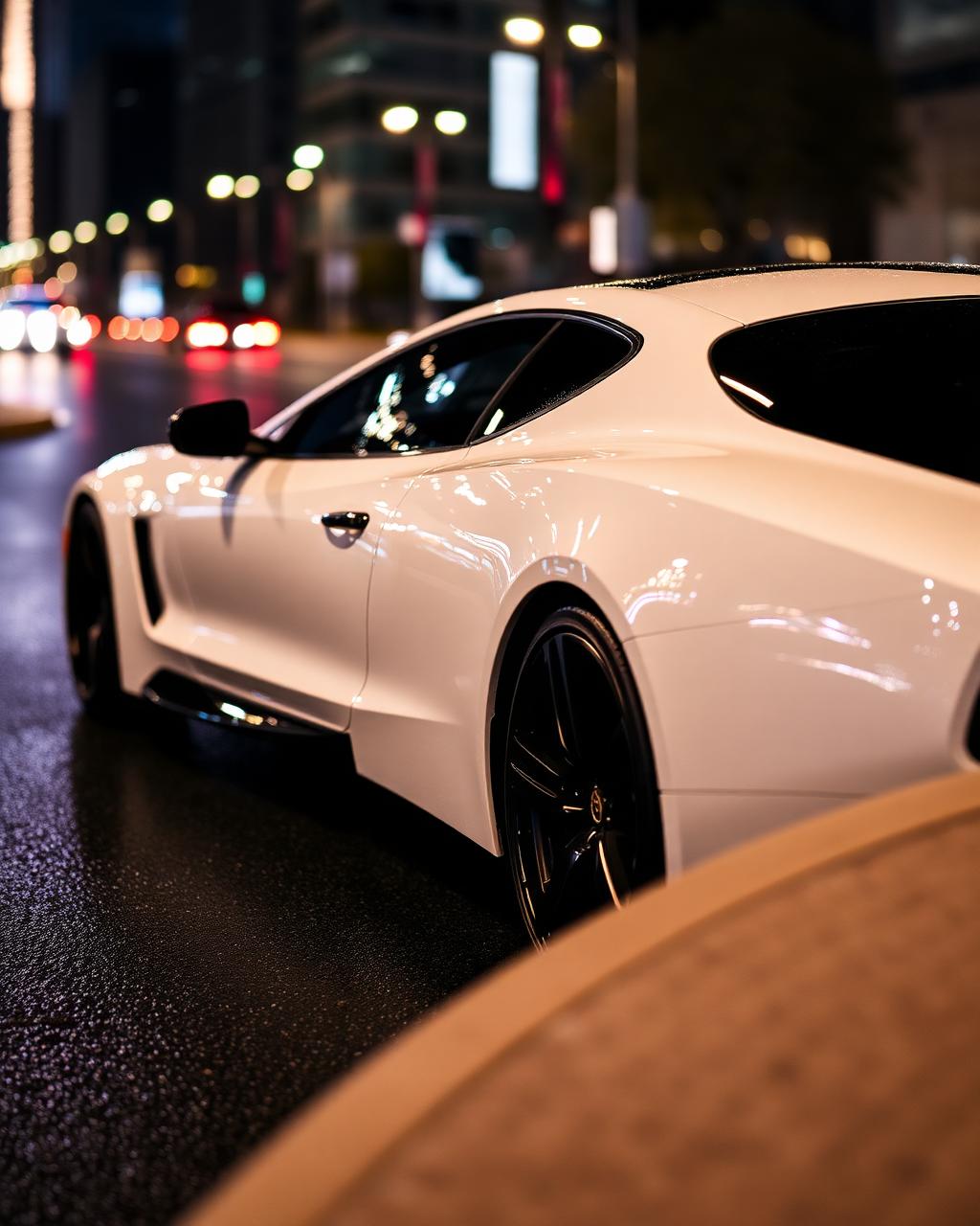 Luxury white coupe with freshly tinted windows on a Dallas street at night