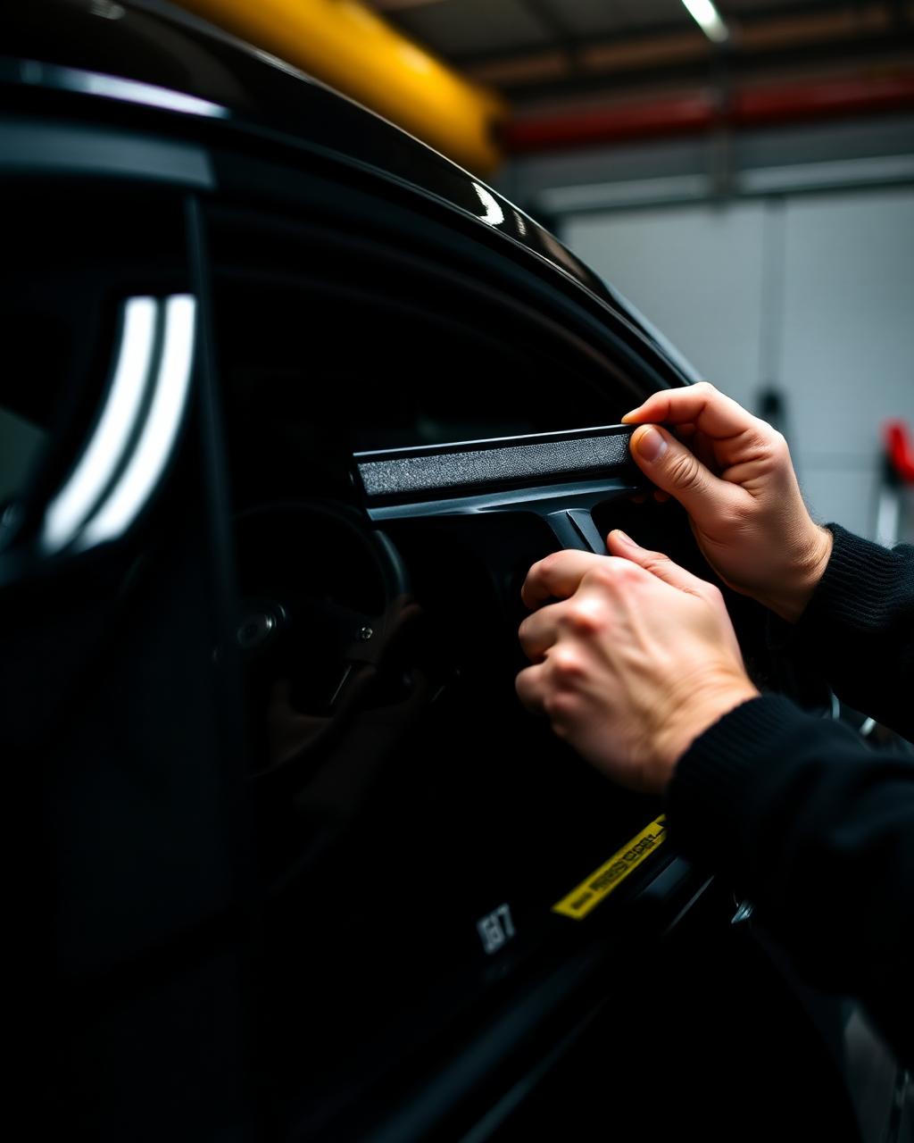 Installer squeegeeing window tint film onto a car door glass