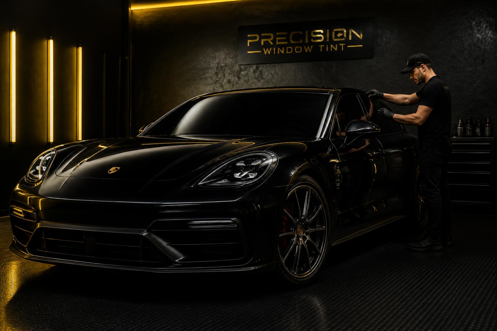 Installer applying premium window tint to a luxury black sports sedan in a Dallas studio bay